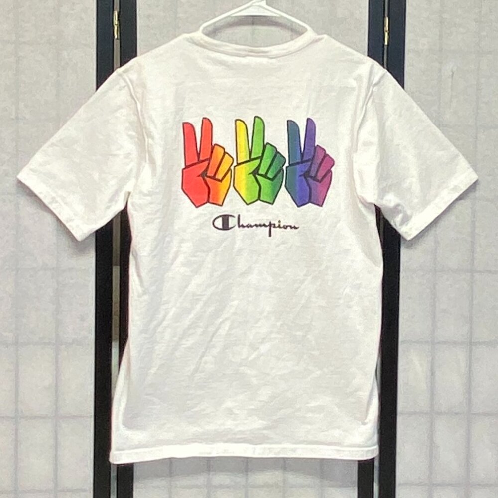 Champion Pride Rainbow Graphic Tee M White Short Sleeve Crew Neck Peace Sign